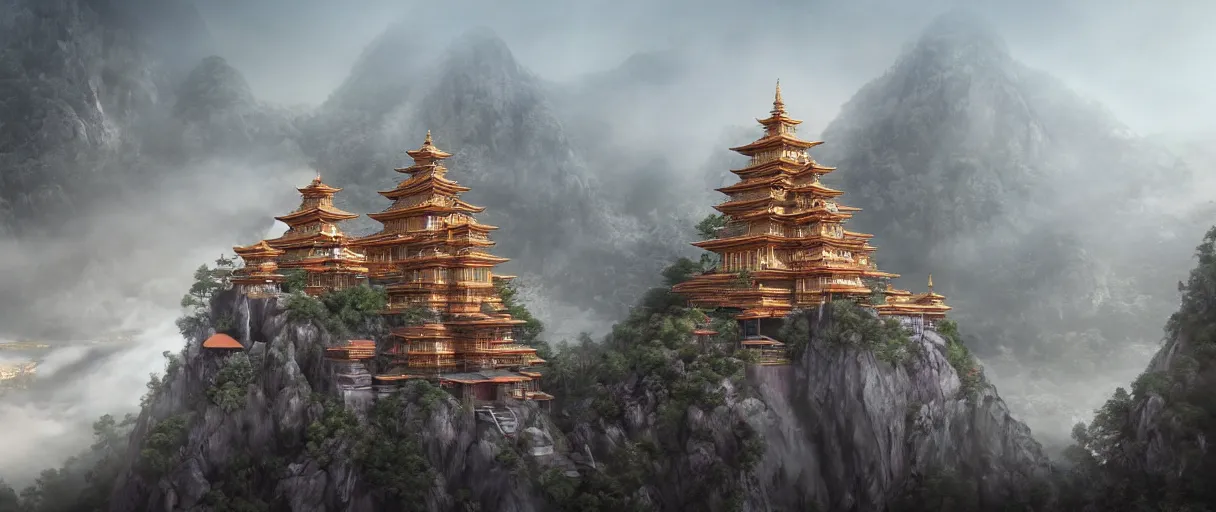 Prompt: cinematic establishing shot, high detail digital painting a detailed buddhist temple on a misty mountain, a single sitting cyborg buddha with an intricated metallic orange robe, sci fi high detailed valley with palm trees, high camera angle, mystic atmosphere, a detailed metallic temple on a misty mountain, shiny metallic airships with reflections, volumetric fog, perspective painting, atmospheric shot, octane renderer
