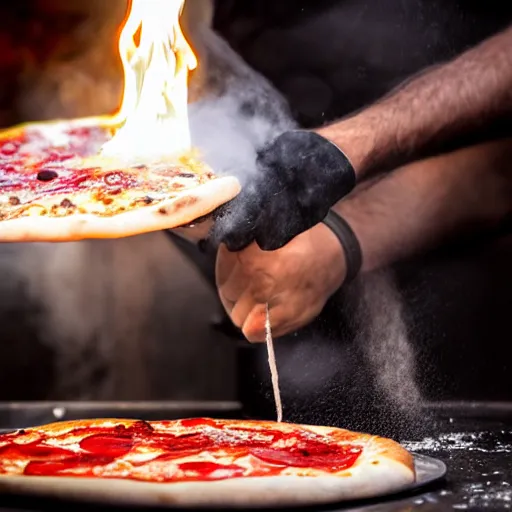 Prompt: Close-up action photo showing a spinning pizza dough suspended in the air between the hands of a pizza chef. Black reflective marble workbench in a black room. Flour dust spray. Tomato and basil on the workbench. Flames in the background. Vivid colors.