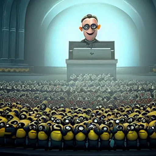 Image similar to “A screenshot from a Despicable Me movie showing Hitler with the Minions, atmospheric lighting, award-winning details”