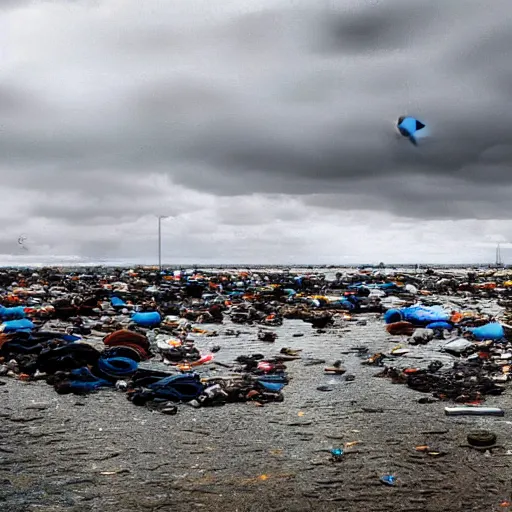 Image similar to on water, enormous huge islands of tyres and garbage floating, seagulls flying in the forecasted sky, dramatic light, post apocalyptic, rainy weather, wet,highly detailed, wide shot, 8K mate painting, concept