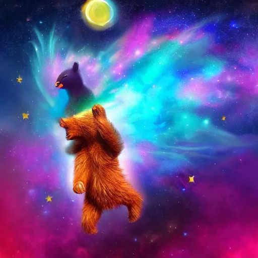 Prompt: A cosmic bear with a cosmic bird on its shoulder drifting through a colorful and vibrant galaxy, digital art, digital painting, matte painting, award-winning art, trending on artstation, 4k