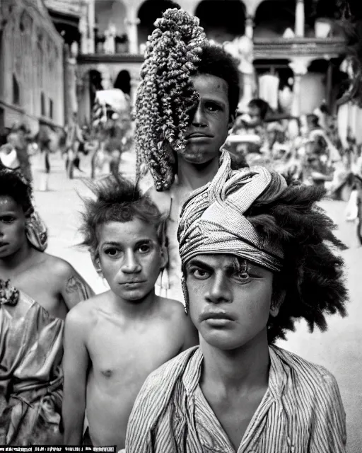 Image similar to Award winning reportage photo of Monegasque Natives with incredible hair and hyper-detailed eyes wearing traditional garb by Garry Winogrand and Dian Arbus, 85mm ND 5, perfect lighting, gelatin silver process