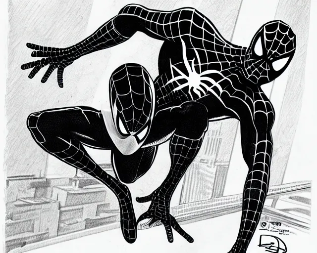 Image similar to photorealistic sketch of black spider - man with gold webbing by steve ditko