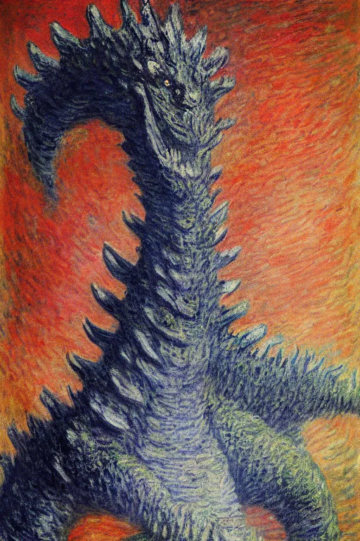 Prompt: shinzo abe face on Godzilla painting by claude monet