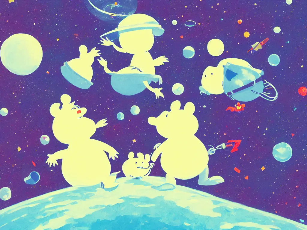 Prompt: the moomins in space, looking cute, illustration, warm colors, fluffy, cozy, hyperrealistic, low light, volumetric light, smooth, trending on artstation