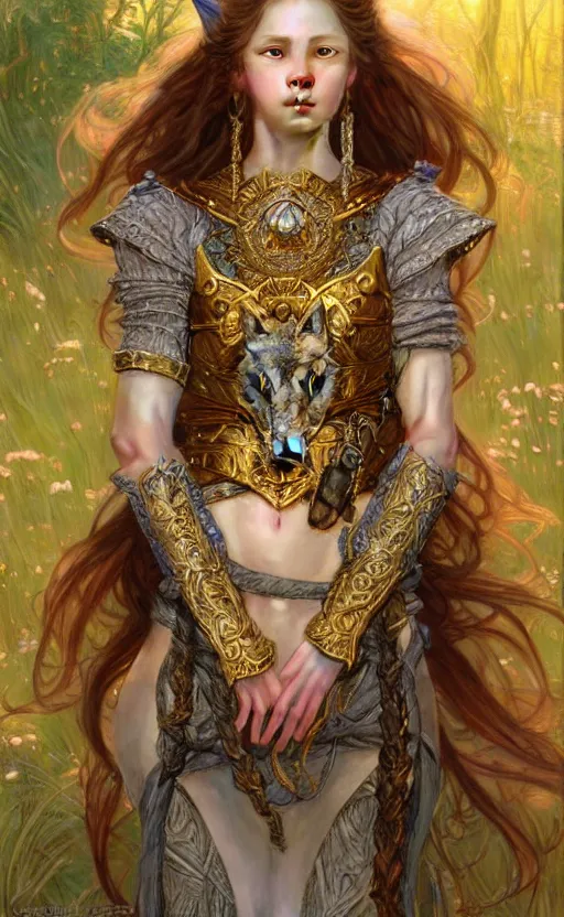 Image similar to highly detailed full shot portrait of a enchanted wolf in the form of a beautiful young princess. d & d, art by donato giancola and ruan jia and carl larsson and magali villeneuve. trending on artstation, intricate details, energetic composition, golden ratio, concept art, illustration, elegant art