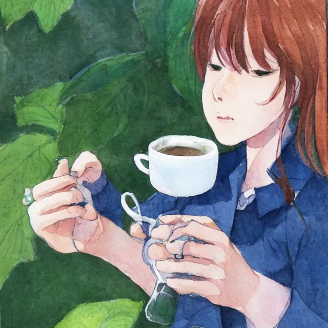 Prompt: hanako tanaka drinking coffee in the garden. watercolor by the award - winning concept artist