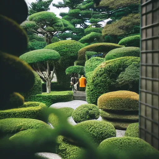 Prompt: “Japanese garden overlooking a hedge maze with a large Minotaur inside walking around. Cozy light source. Photography by Wes Anderson”