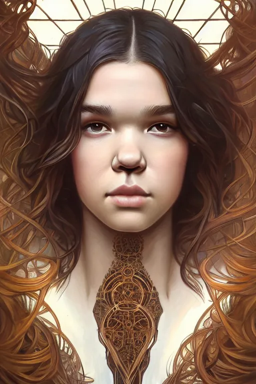 Image similar to symmetry!! portrait of hailee steinfeld, machine parts embedded into face, intricate, elegant, highly detailed, digital painting, artstation, concept art, smooth, sharp focus, illustration, art by artgerm and greg rutkowski and alphonse mucha, 8 k