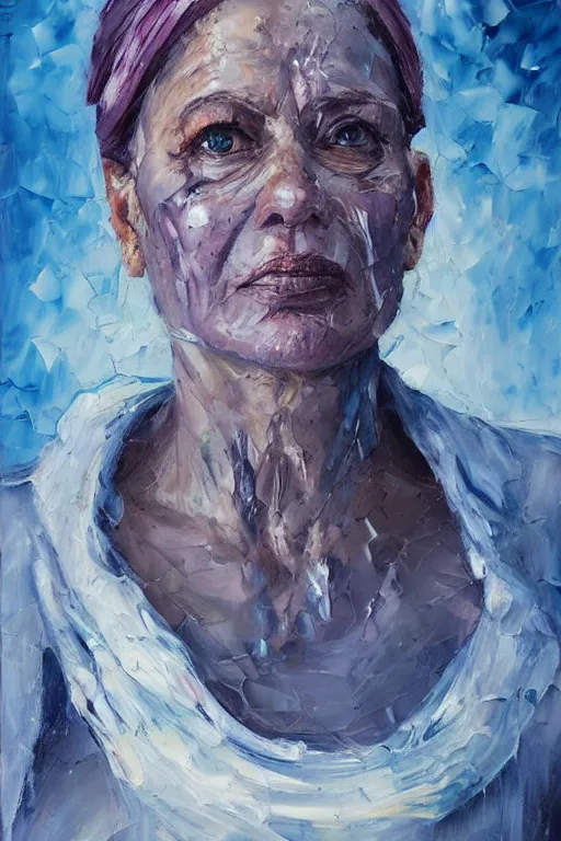 Prompt: palette knife oil painting portrait dr krystal knight, woman, late 4 0 s, eyes filled with icy hate, extreme detail, artstation trending, ice, cold, freezing, blue, artgerm, any racial background, deviant art, octane, substance, art history 8 k