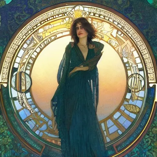 Image similar to keira knightley portrait by louis - theophile hingre and alphonse mucha, realistic, sharp focus, zodiac signs, tarot cards, planets, ethereal, art nouveau, magic, moon, sun, crown, dreamy, royal, jewellery