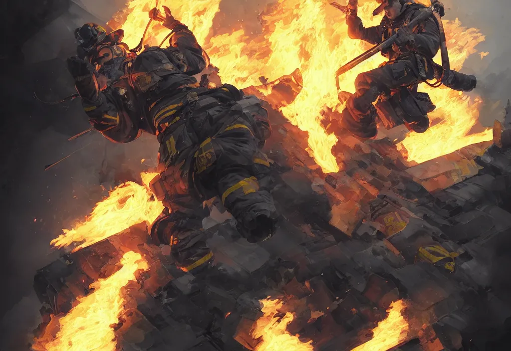 Image similar to heroic firefighter in action in black and yellow uniform, fire flames, sharp details, sharp focus, elegant, highly detailed, illustration, by jordan grimmer and greg rutkowski and pine ( ハイネ ) and 薯 子 imoko and 香 川 悠 作 and wlop and maya takamura, intricate