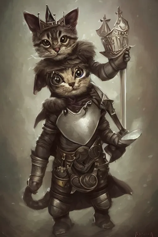 Image similar to cute little anthropomorphic cat knight wearing a cape and a crown, tiny, small, miniature cat , baby animal, short, pale blue armor, cute and adorable, pretty, beautiful, DnD character art portrait, matte fantasy painting, DeviantArt Artstation, by Jason Felix by Steve Argyle by Tyler Jacobson by Peter Mohrbacher, cinematic lighting