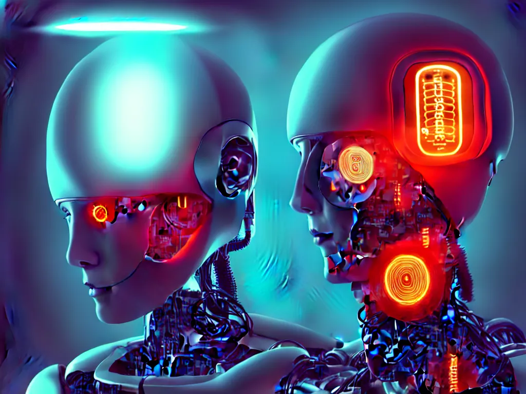 Image similar to humachine humanized experiment, robots inside the head, distopic, cyberpunk, sci - fi, 7 0 s colors, cinematic lighting, digital painting, photorealistic, ultra detailed, 4 k