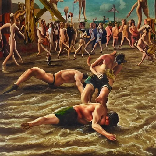 Prompt: 3 drunks fall over mud - wrestling,, where's wally, oil painted ( ( ( ( by salvador dali ) ) ) )