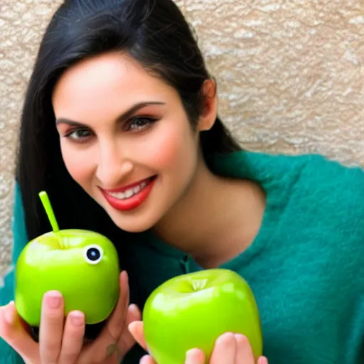 Image similar to Gal Gabot with android body eating green apple