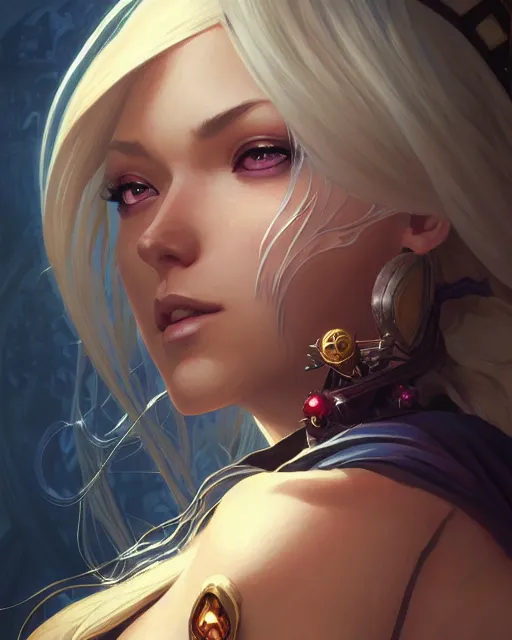 Image similar to Kat (Gravity Rush), closeup, D&D, fantasy, intricate, elegant, highly detailed, digital painting, artstation, concept art, matte, sharp focus, illustration, hearthstone, art by Artgerm and Greg Rutkowski and Alphonse Mucha