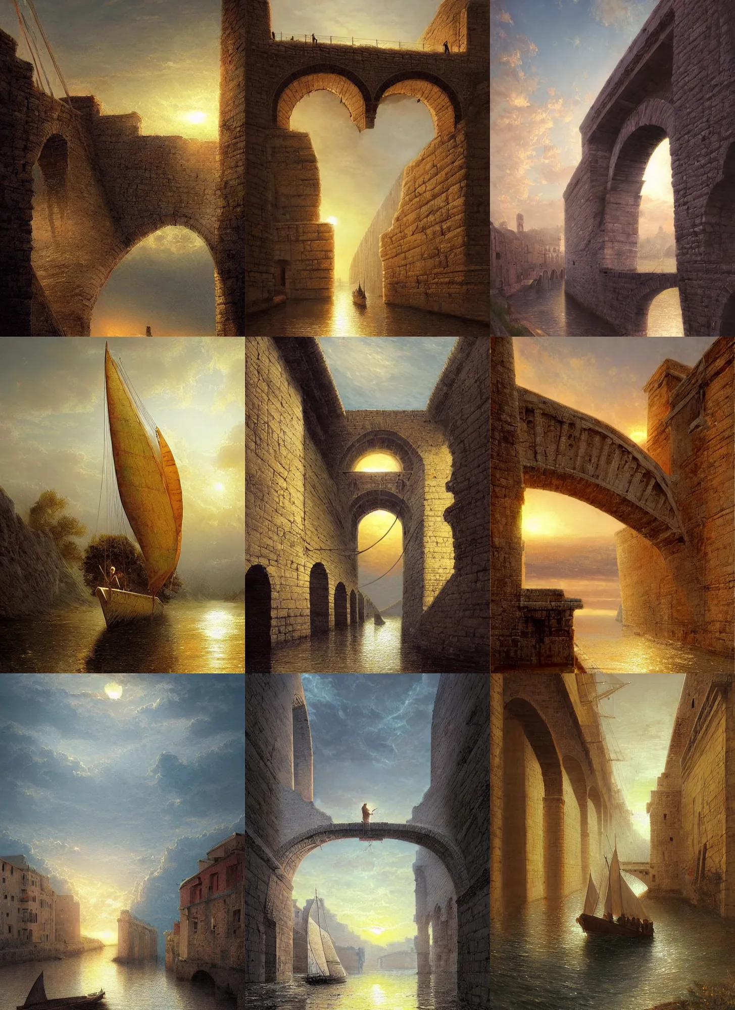 Prompt: Ancient sail boat crossing an aqueduct, medieval city, sunset, turqoise and yellow colors, digital art, worth1000.com, cgsociety, by greg rutkowski, by Gustave Doré, by Marco Turini, by Artgerm, Deviantart