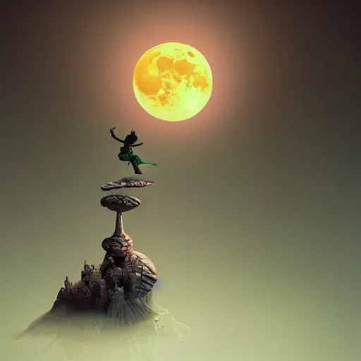 Image similar to full moon, travel upwards, flying, figurines, tilt shift, physical, style of 3 d, occlusion, white clay, style of dave mckean, style of shuzo oshimi, style of will eisner, full of color, on white, smooth, thin sharp lines, detailed, octane render