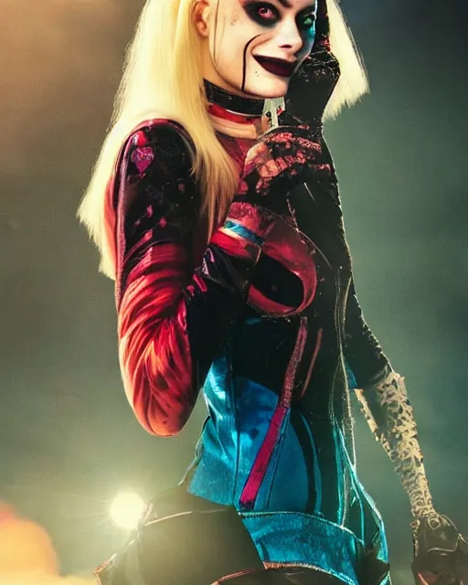 Image similar to gorgeous suicide squad margot robbie that looks like harley quinn, long blonde hair and big eyes, beautiful smile, finely detailed perfect face, standing on the wet street at sunset, a movie directed by christopher nolan, movie still frame, promotional image, imax 7 0 mm footage