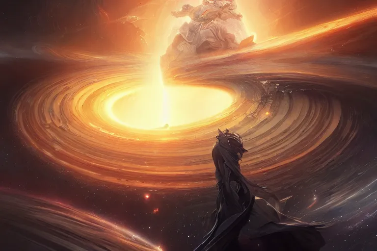 Image similar to A black hole consuming an entire universe, trending on Artstation, highly detailed, HD wallpaper, 4k, photorealistic, digital art, art by artgerm and Greg Rutkowski and Alphonse Mucha
