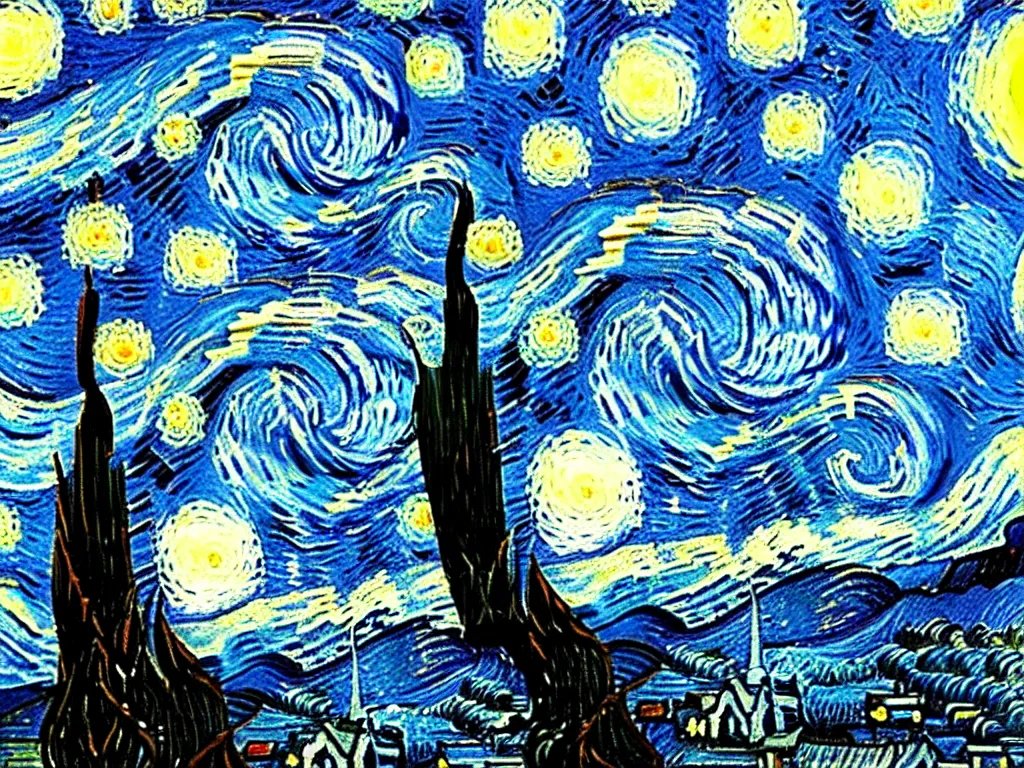 Image similar to van gogh starry night rotated 1 8 0 ⁰