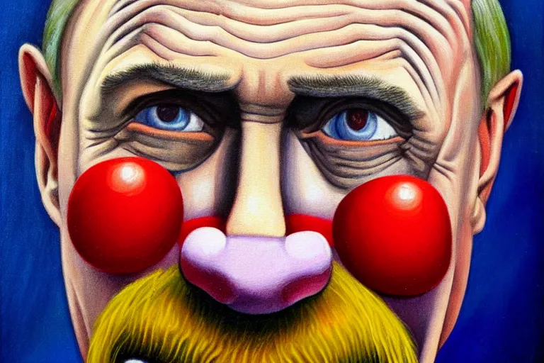 Image similar to putin as a clean-shaven sad hobo clown. head shot portrait. oil painting by emmett kelly.