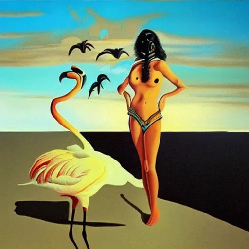 Image similar to A surreal oil painting of a puzzle containing a beautiful woman and Flamingos on a desert beach by Salvador Dali, dark vibes, high contrast, cinematic, depth of field