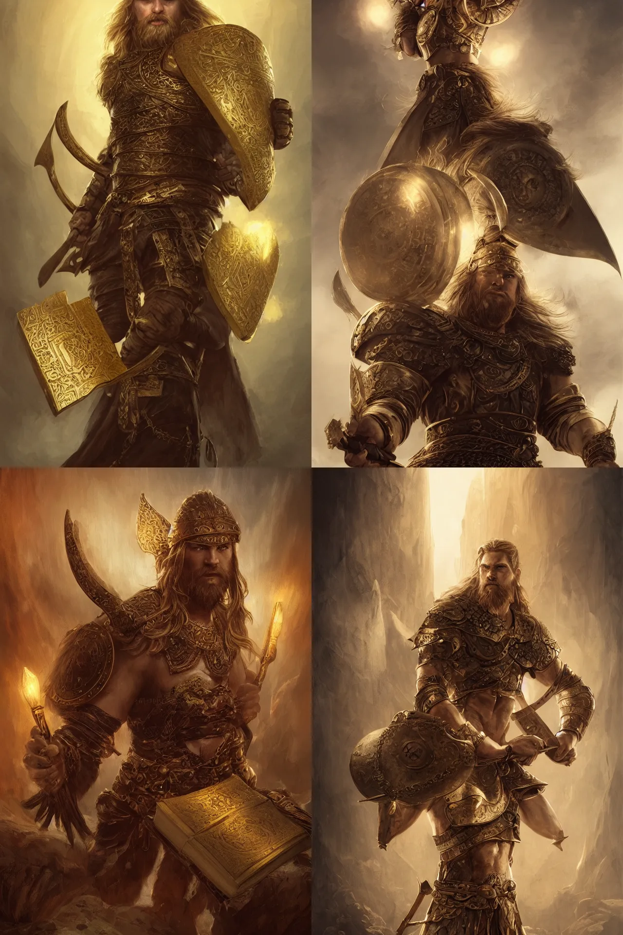 Prompt: a heavy set viking warrior holding two gold and leather bound books, fantasy, illustration, artstation, cinematic lighting, hyperdetailed, cgsociety, 8k Resolution, high resolution, Charlie Bowater, Tom Bagshaw, Tom Richmond, insanely detailed and intricate, beautiful, elegant, golden ratio, royal swan insignia in background