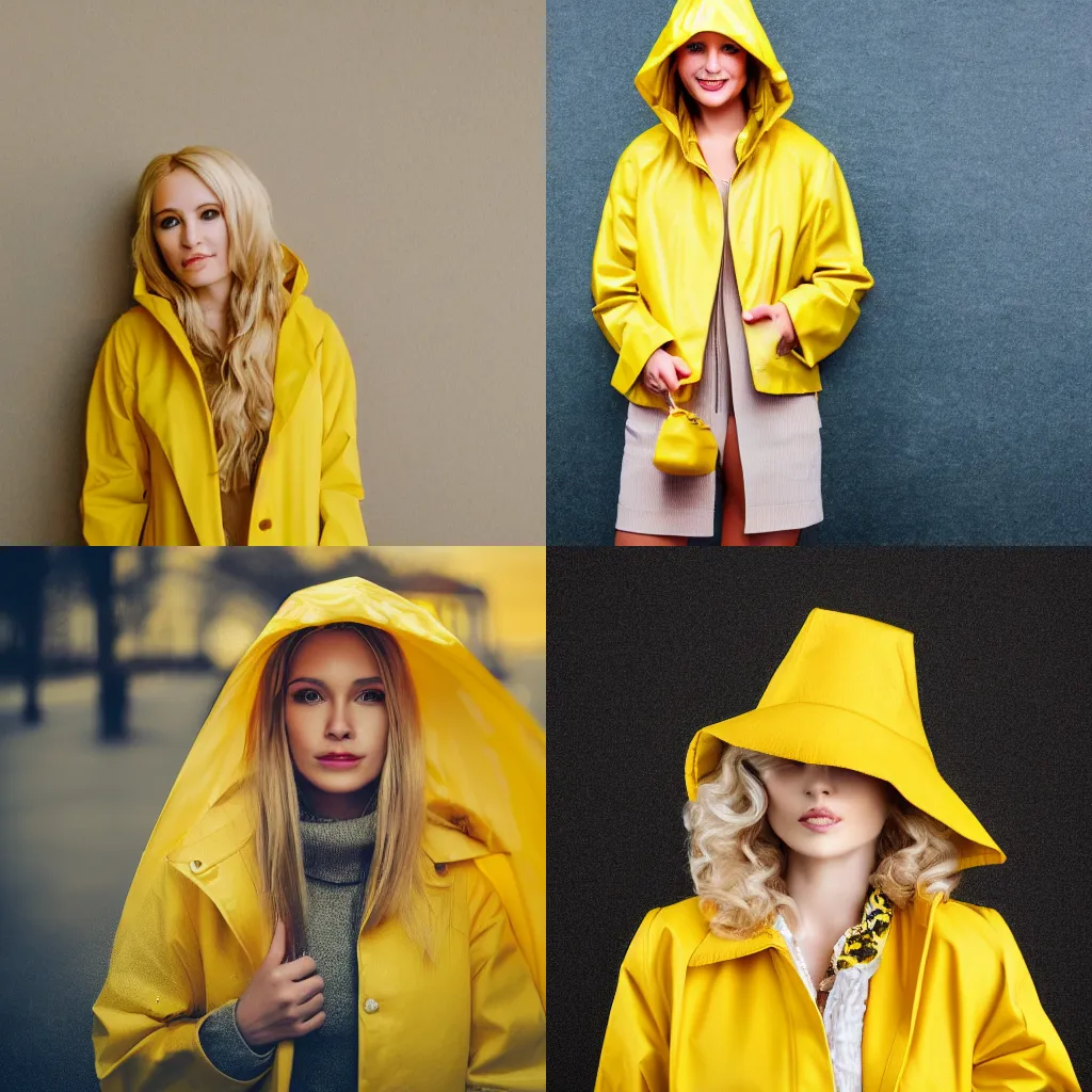 Prompt: Portrait of a beautiful blonde woman dressed in yellow raincoat, high detail, 4k, photo, Kodak ,