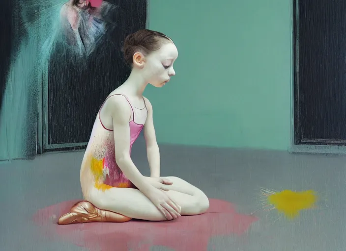 Image similar to portrait of nervous young girl ballerina sitting on the floor focusing in a dance hall by beeple and hernan bas and francis bacon and pat steir and hilma af klint, psychological, photorealistic, symmetrical face, dripping paint, washy brush, matte painting, rendered in octane, altermodern, masterpiece