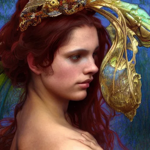 Image similar to a portrait of a beautiful fierce female nymph, detailed, centered, digital painting, artstation, concept art, donato giancola, Dante Gabriel Rossetti, alphonse mucha, Joseph Christian Leyendecker, WLOP, Boris Vallejo, Annie Leibovitz and Steve McCurry, David Lazar, Jimmy Nelsson, Breathtaking, 8k resolution, extremely detailed, beautiful, establishing shot, artistic, hyperrealistic, beautiful face, octane render