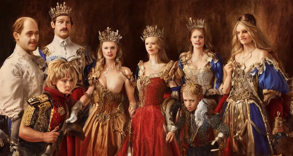 Prompt: portrait of a fantasy royal family, ultra realistic, oil painting, digital art, highly detailed, photorealistic