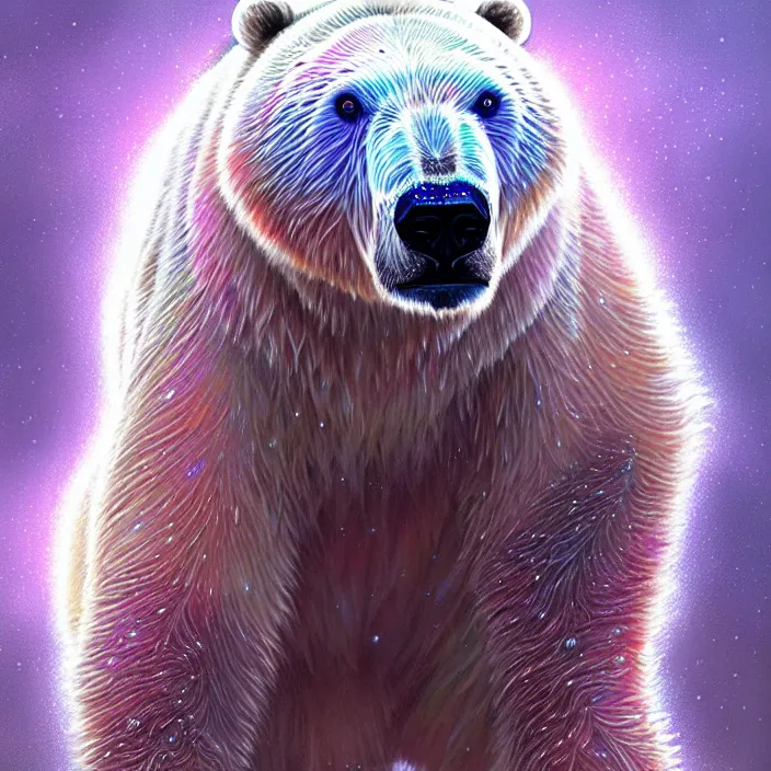 Image similar to bright psychedelic fluffy hairy cyborg polar bear, diffuse lighting, fantasy, intricate, elegant, highly detailed, lifelike, photorealistic, digital painting, artstation, illustration, concept art, smooth, sharp focus, art by John Collier and Albert Aublet and Krenz Cushart and Artem Demura and Alphonse Mucha