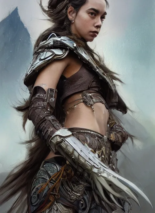 Image similar to a professional portrait of a beautiful young female, clothed in ethereal battle armor, olive skin, long dark hair, beautiful bone structure, symmetrical facial features, intricate, elegant, digital painting, concept art, smooth, sharp focus, finely detailed, illustration, from Valerian and the City of a Thousand Planets, in the style of Ruan Jia and Mandy Jurgens and Artgerm and Greg Rutkowski and William-Adolphe Bouguerea