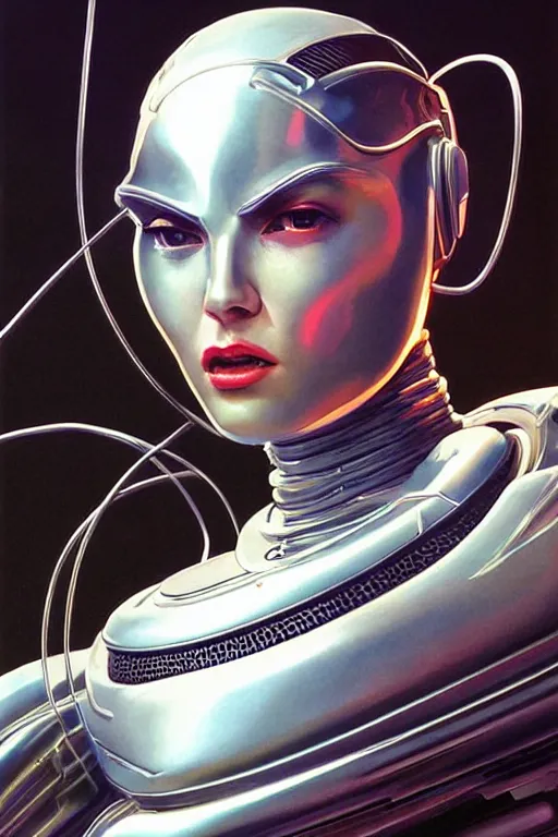 Image similar to retro-futuristic portrait of a beautiful blind female android in old chrome armour with cables and wires, laying in white liquid, ornate background, rim light, ornate pattern, glowing eyes, evil expression, high details, intricate details, renaissance painting by vincent di fate, artgerm julie bell beeple, 80s, Smooth gradients, High contrast, depth of field, very coherent symmetrical artwork