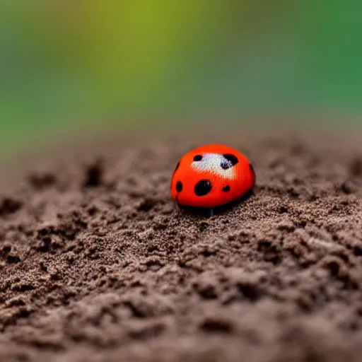 Prompt: a tiny world made of mud, there is a beautiful ladybug crawling in the middle, ambient light, beautiful photography