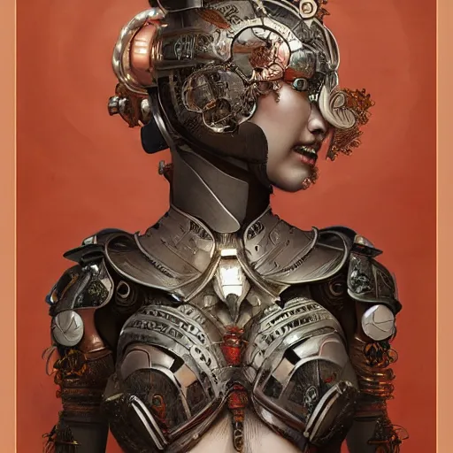 Prompt: ultra realist soft painting of a single attractive cyborg geisha female sillicon skin armored, curiosities carnival, symmetry accurate features, very intricate details, focus, curvy, artstyle Hiraku Tanaka and Tom Bagshaw, award winning