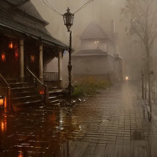 Prompt: a house in the rain, Shadow Realm, Greg Rutkowski, wet floors