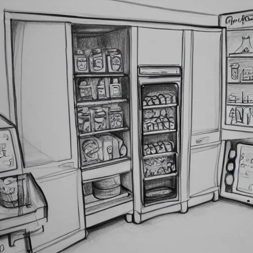 Prompt: a food dispenser surround by beautiful drawings, concept style