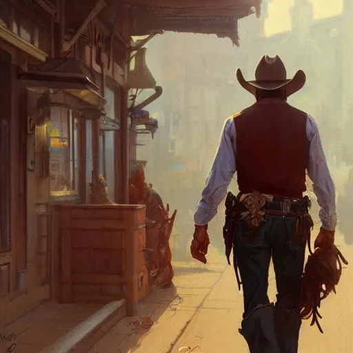 Prompt: cowboy walking into town, highly detailed, digital painting, artstation, concept art, smooth, sharp focus, illustration, art by artgerm and greg rutkowski and alphonse mucha