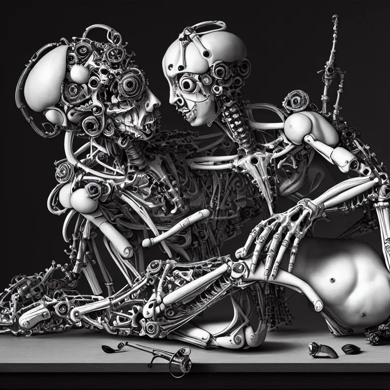 Image similar to still life of two biomechanical cyborg male lovers laying on a table, pastel flowers on a table, surreal alien ribbed pastel fruit, white human spine, baroque painting, beautiful detailed intricate insanely detailed octane render trending on Artstation, 8K artistic photography, photorealistic, chiaroscuro, Raphael, Caravaggio beautiful BW monochrome