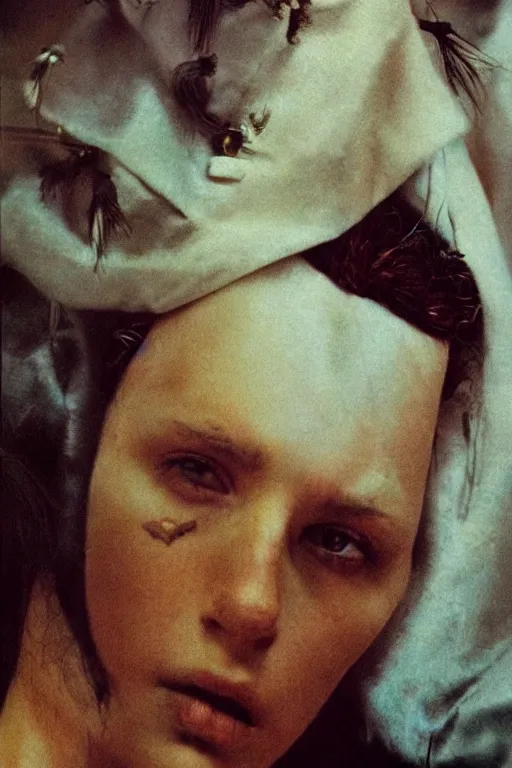 Image similar to hyperrealism close - up fashion portrait by roversi photo from the holy mountain by alejandro jodorowsky in style of francisco goya