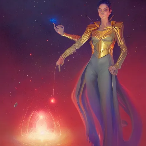 Image similar to cosmic tailor, ethereal, full-body portrait, astral background, science fantasy, portrait, highly detailed, digital painting, artstation, concept art, sharp focus, illustration, art by terese nielsen and greg rutkowski and magali villeneuve, red white and gold color scheme