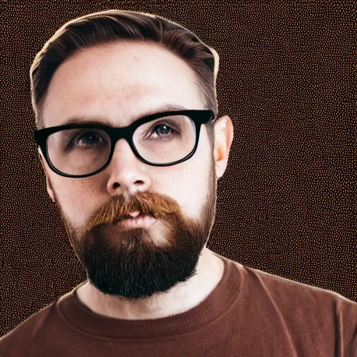 Prompt: portrait of handsome bearded brown-haired man with glasses, glitched world, dark