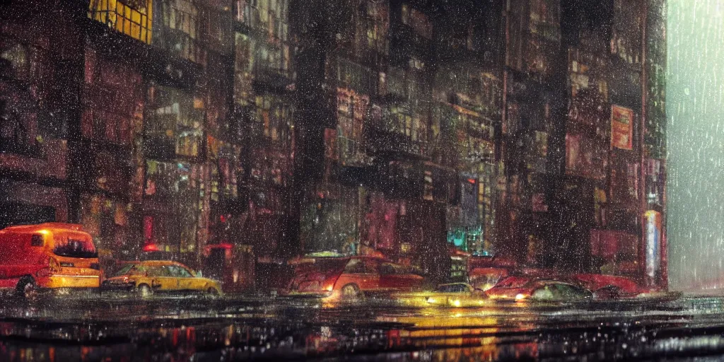 Prompt: a ultra photorealistic film still trough a raincovered window on a rainy but colourful day in new york. sparkling lights, wide shot, frog perspective, ultra sharp, wes anderson, studio ghibli, pixar and disney animation, octane render, anime key art by greg rutkowski, dramatic lighting, award winning photography