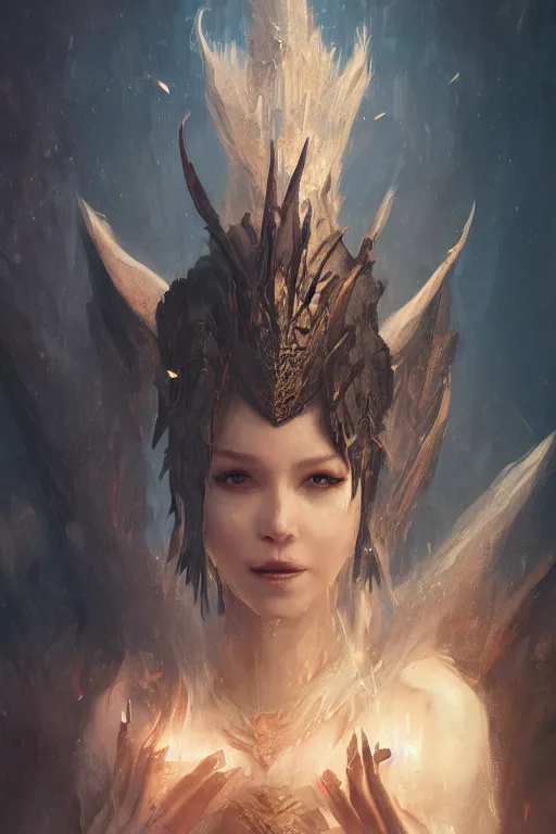 Image similar to a fancy portrait of a dragon queen by Greg Rutkowski, Sung Choi, Mitchell Mohrhauser, Maciej Kuciara, Johnson Ting, Maxim Verehin, Peter Konig, final fantasy , mythical, 8k photorealistic, cinematic lighting, HD, high details, atmospheric,