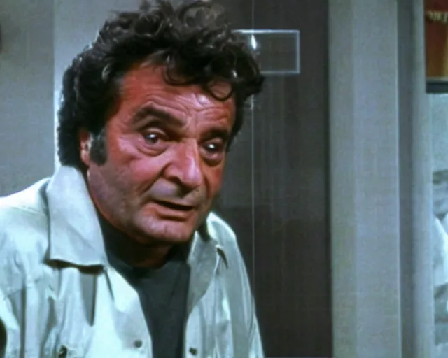 Image similar to peter falk as columbo interrogating missingno from pokemon, still shot