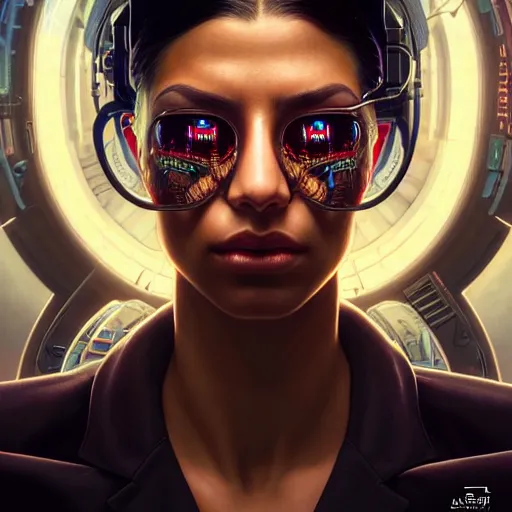 Image similar to portrait painting of a cyberpunk corporate boss amber midthunder, ultra realistic, concept art, intricate details, eerie, highly detailed, photorealistic, octane render, 8 k, unreal engine. art by artgerm and greg rutkowski and charlie bowater and magali villeneuve and alphonse mucha