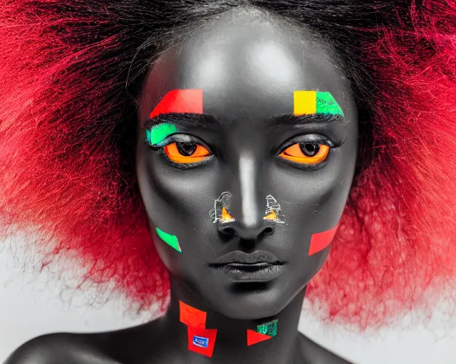 Image similar to close up portrait of extremely beautiful female black marble statue in the style of virgil abloh, colorful motocross logos behind her, sharp focus, clear, detailed,, cinematic, detailed, off white, glamourous, symmetrical, vogue, editorial, fashion, magazine shoot, glossy